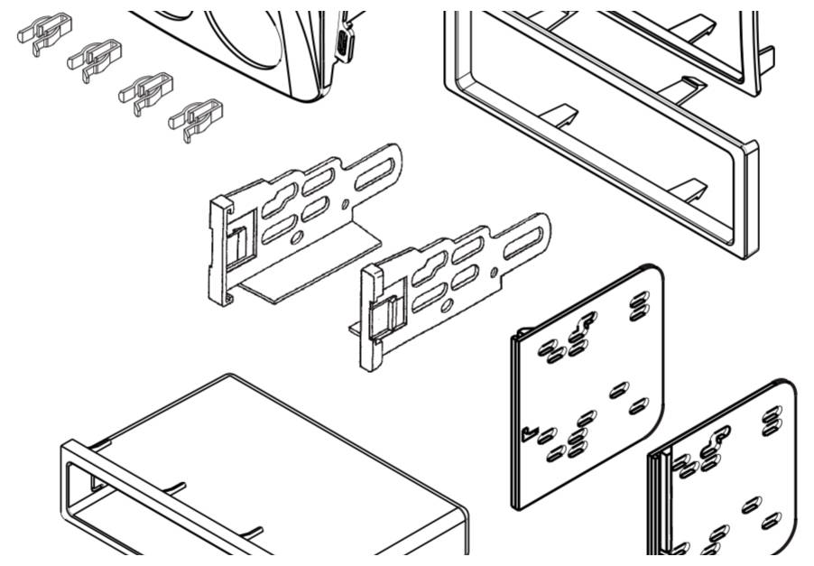 Explodierte technische Zeichnung von Metallmontageklammern und -platten mit Schlitzen und Laschen, die Bauteile und Ausrichtung für die Installation zeigt.