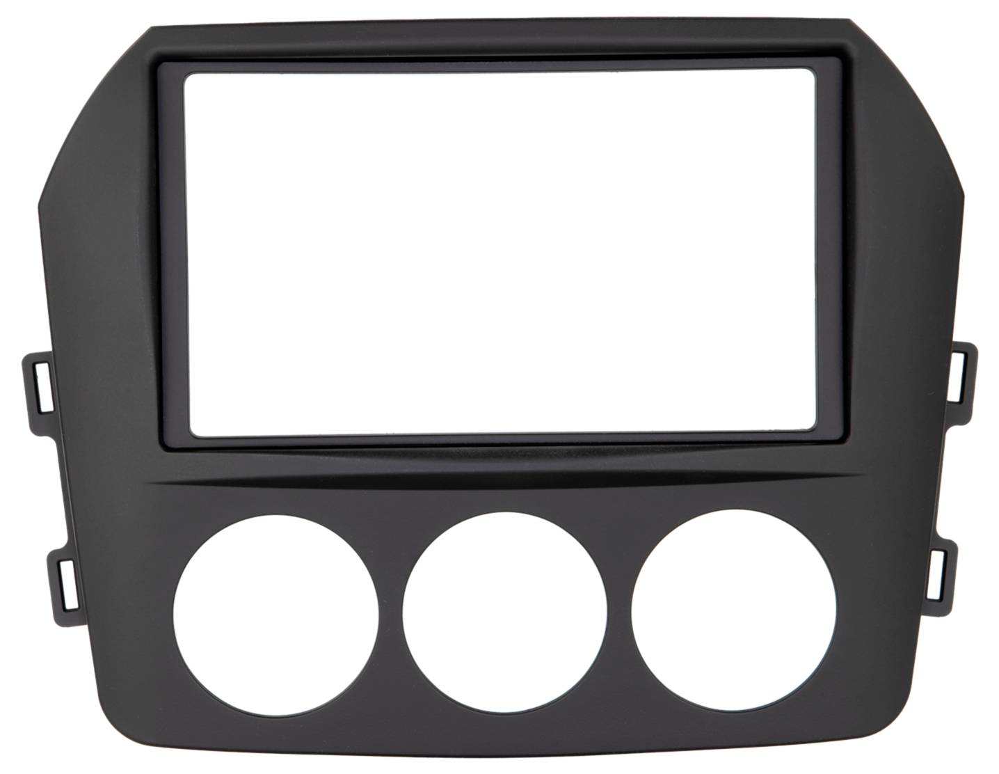 Schwarzes Armaturenbrett-Frontblech mit einer großen rechteckigen Bildschirmöffnung und drei kreisförmigen Messinstrument-Aussparungen darunter.