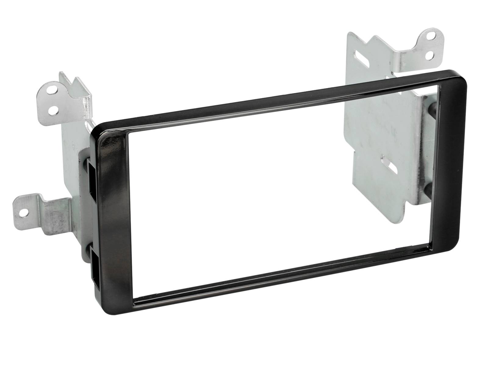 Schwarze rechteckige Montagelünette mit Metallhalterungen zur Installation eines Autoradios oder Displays in der Armaturentafel