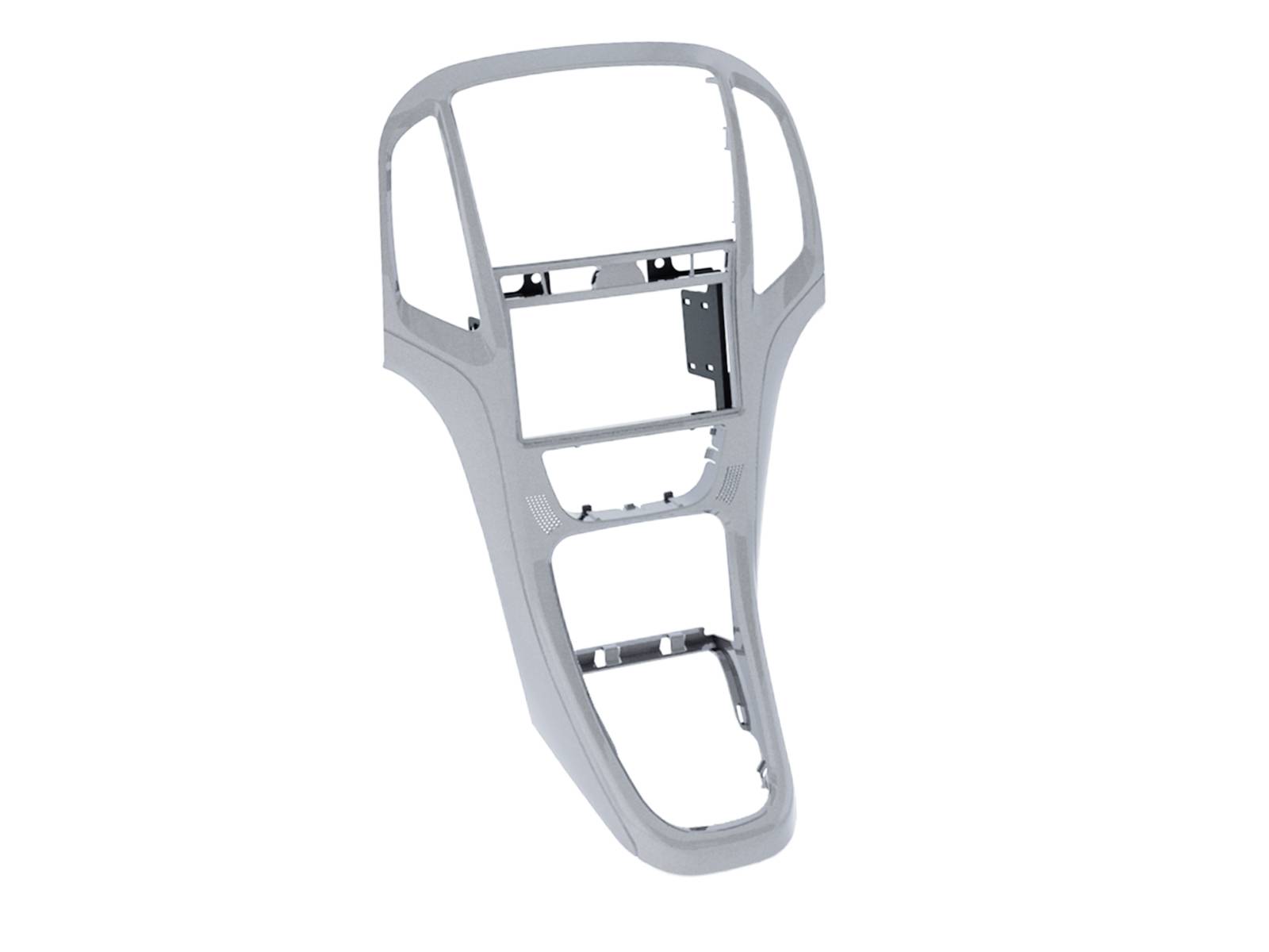 Grauer spritzgegossener Kunststoff-Mittelkonsolen- oder Armaturenbrett-Rahmen eines Autos mit Öffnungen für Bedienelemente und Display, gezeigt auf weißem Hintergrund.