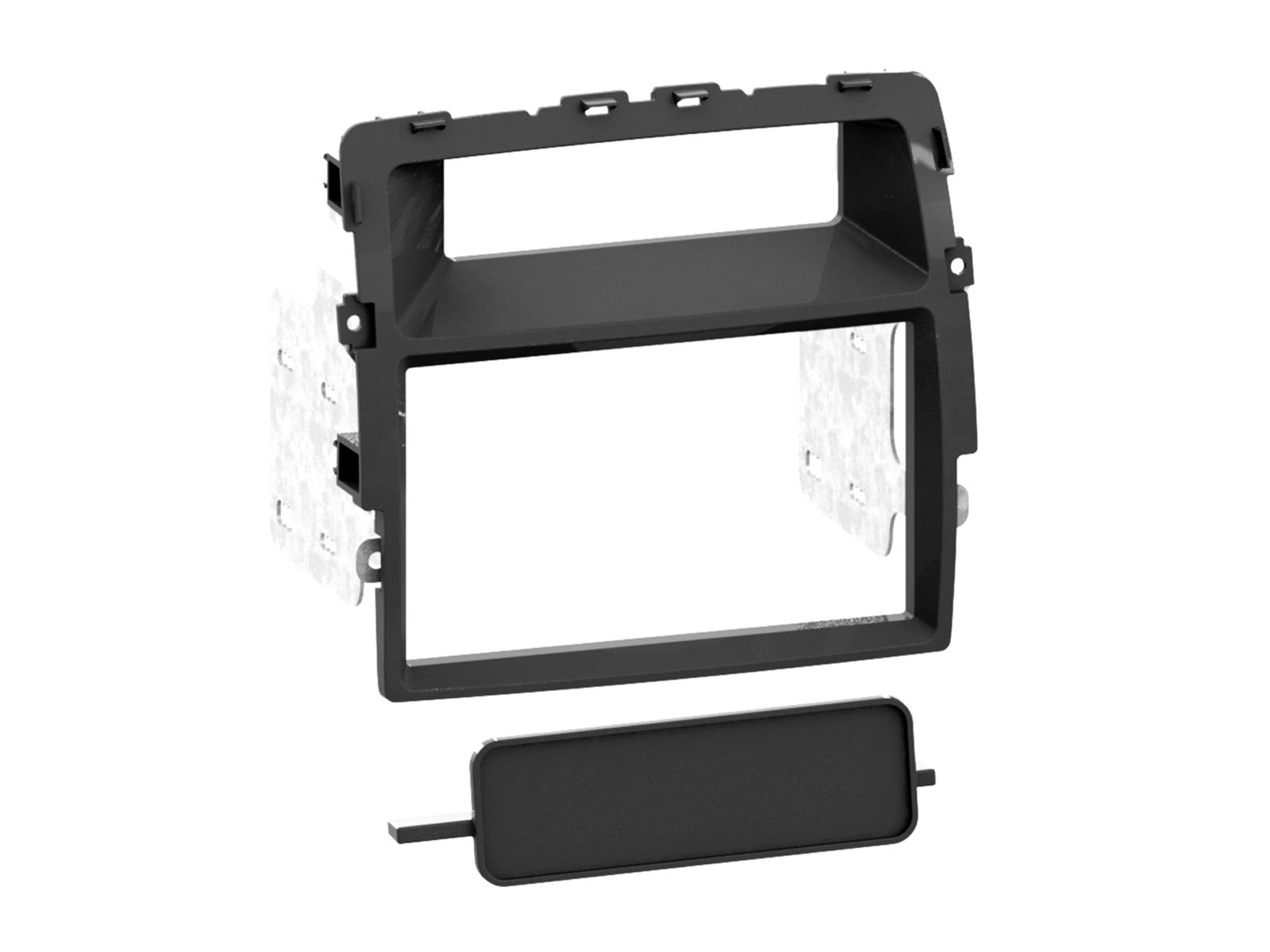 Schwarzer Kunststoff-Armaturenbrett-Montagrahmen mit austauschbarem leeren Paneleinsatz, gezeigt auf weißem Hintergrund.