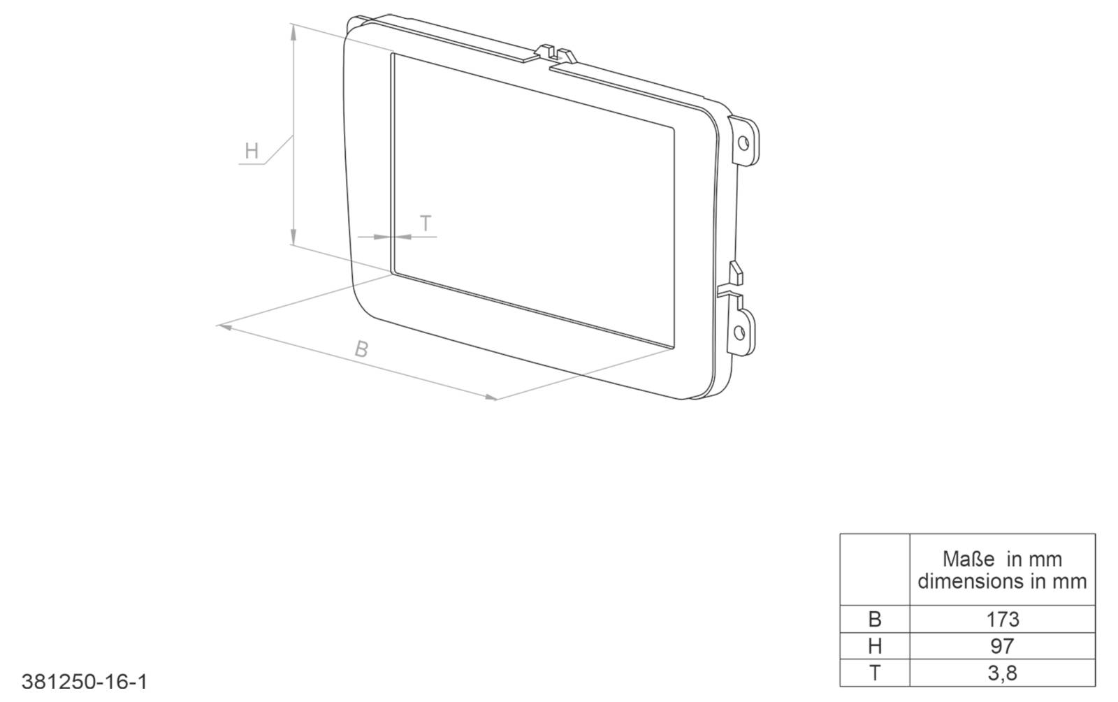 Technische Zeichnung eines rechteckigen Rahmenpaneels mit Befestigungswinkeln, mit den Abmessungen B 173 mm, H 97 mm und T 3,8 mm.
