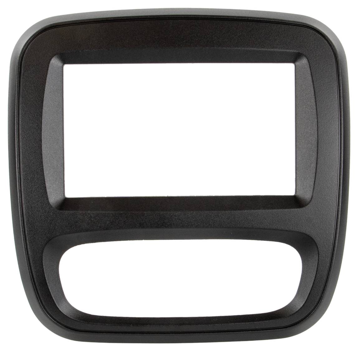 Schwarze Kunststoff-Armaturenbrett-Blende mit einer großen rechteckigen Öffnung über einer kleineren gekrümmten Öffnung, wahrscheinlich für ein Autoradio oder Bedienelemente.