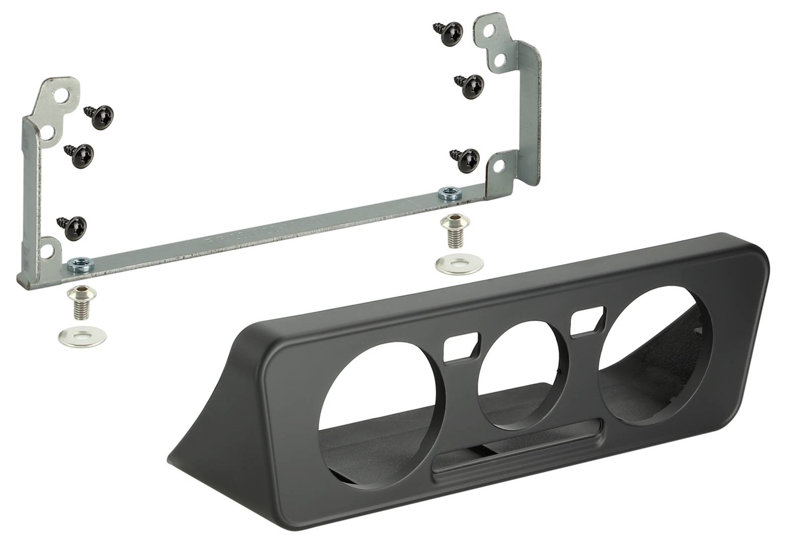 Schwarze Drei-Anzeigen-Armaturentafel mit Metallmontageklammern, Schrauben und Unterlegscheiben zur Installation