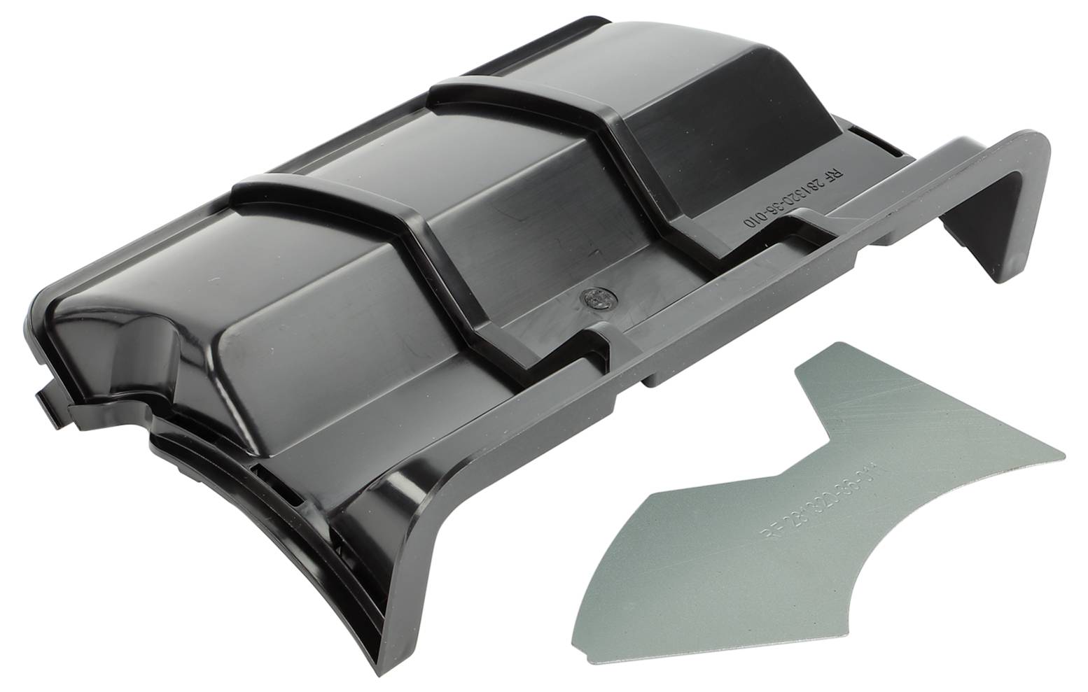 Schwarze Kunststoff-Dachträger-Ladebox-Halterung mit separater Metallmontageplatte daneben abgebildet.