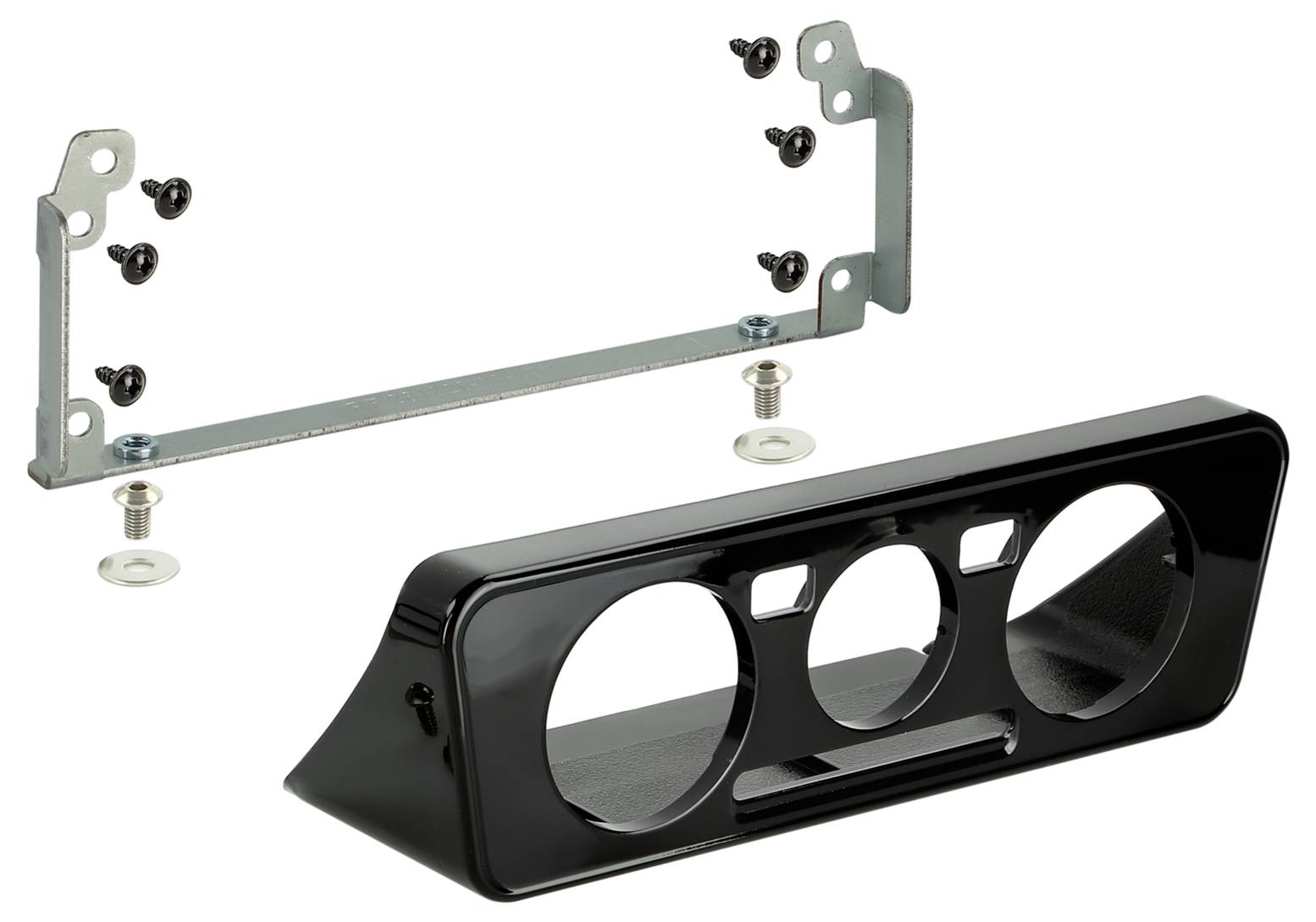 Schwarze Armaturenbrett-Montageleiste mit drei Messinstrument-Öffnungen und Metallhalterungen mit Schrauben zur Montage