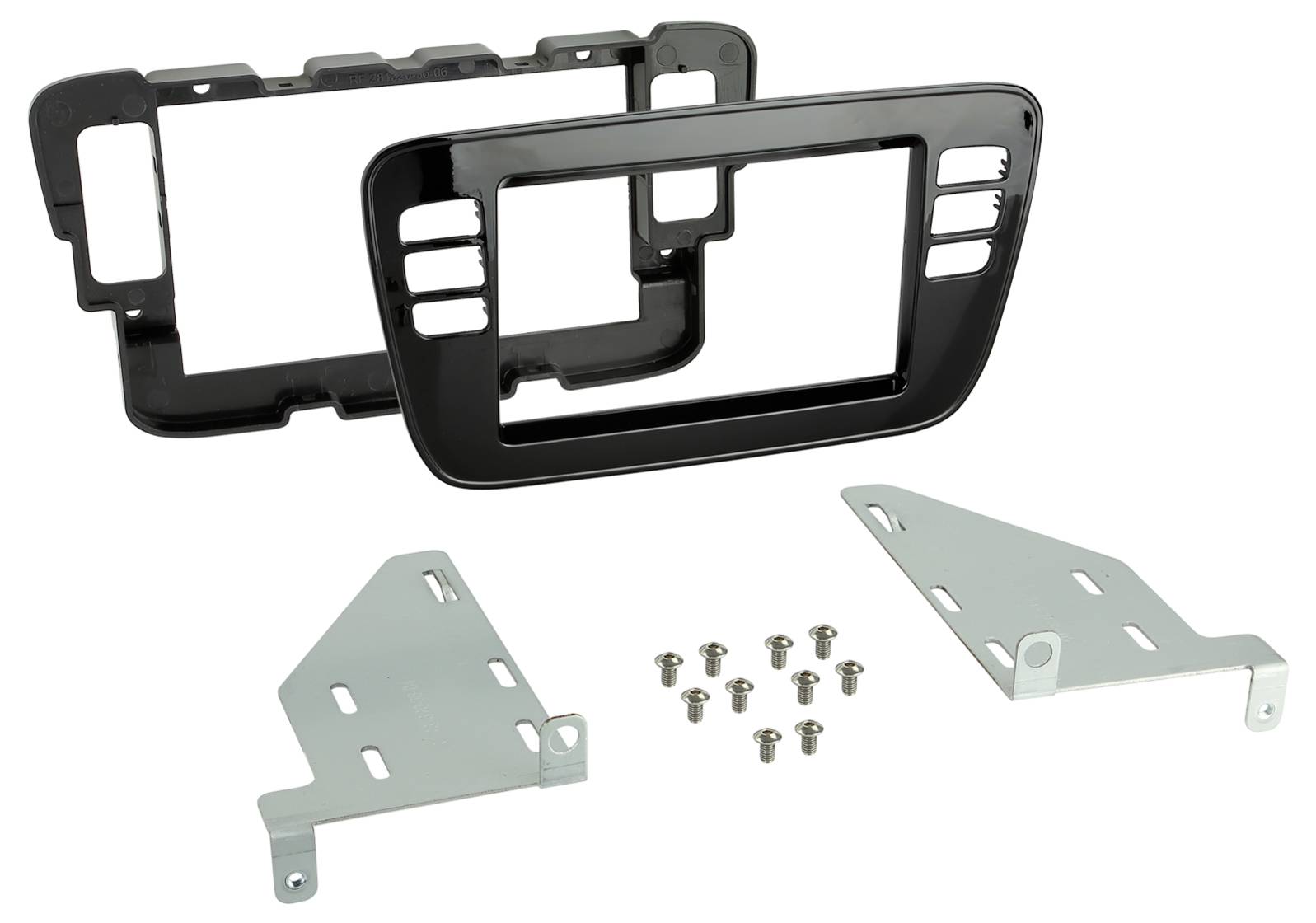 Armaturenbrett-Montageset mit zwei schwarzen Blenden, zwei Metallbügeln und Schrauben zur Installation eines Autoradios oder Bedienfelds.
