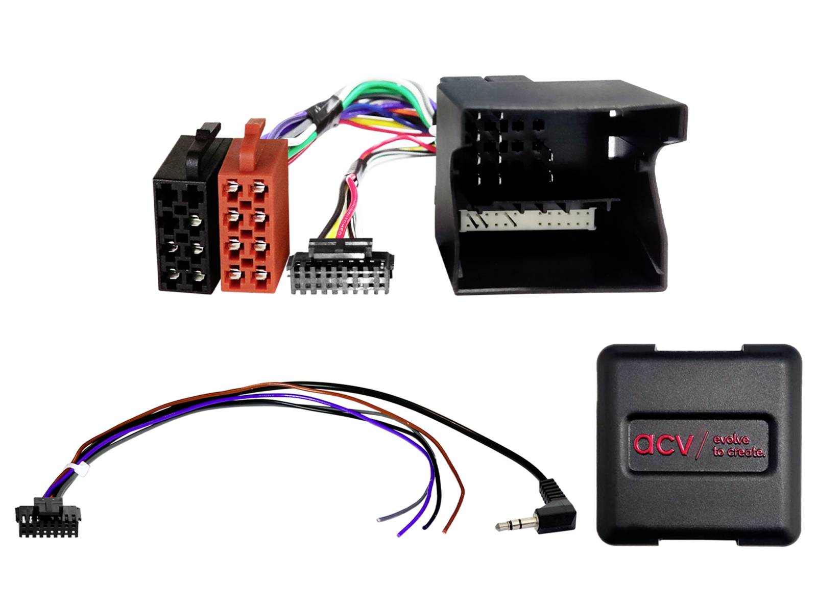 Autoradio-Verkabelungsadapter-Set mit mehrfarbigen Stecker-Verbindungssätzen und schwarzem ACV-Modulkasten.