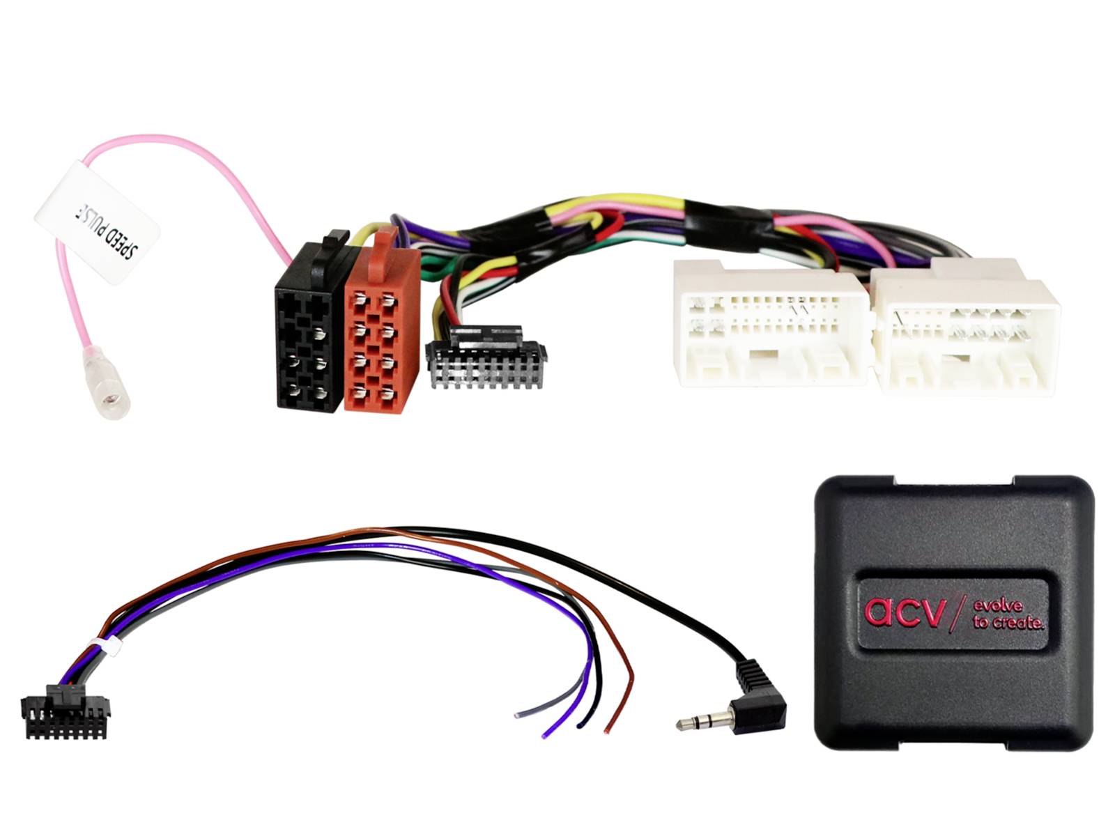 Ein Autoradio-Verkabelungssatz mit mehrfarbig gekennzeichneten Steckverbindern, Adapterleitungen und einem schwarzen ACV-Schnittstellenmodul auf weißem Hintergrund.