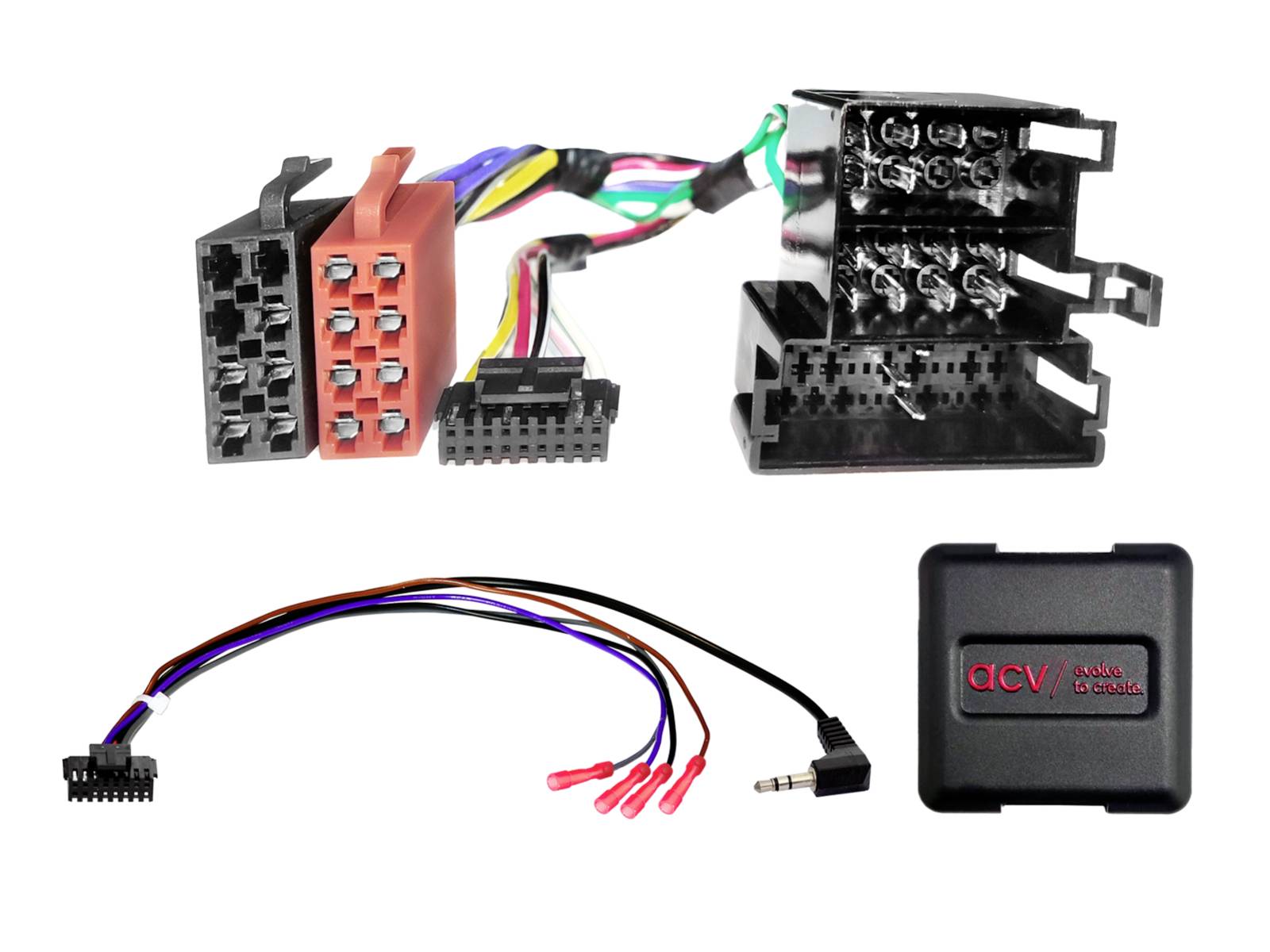 Kfz-Stereoanlagen-Verkabelungsadapter-Set mit farbcodierten Kabelbäumen, Steckverbinderblöcken und einer ACV-Schnittstellenbox auf weißem Hintergrund.