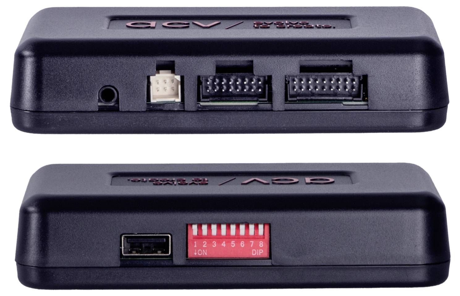 Zwei Ansichten eines schwarzen AEV-Fahrzeugsteuermoduls, die Vorder- und Rückseite mit Anschlussports und einem roten DIP-Schalter zeigen.