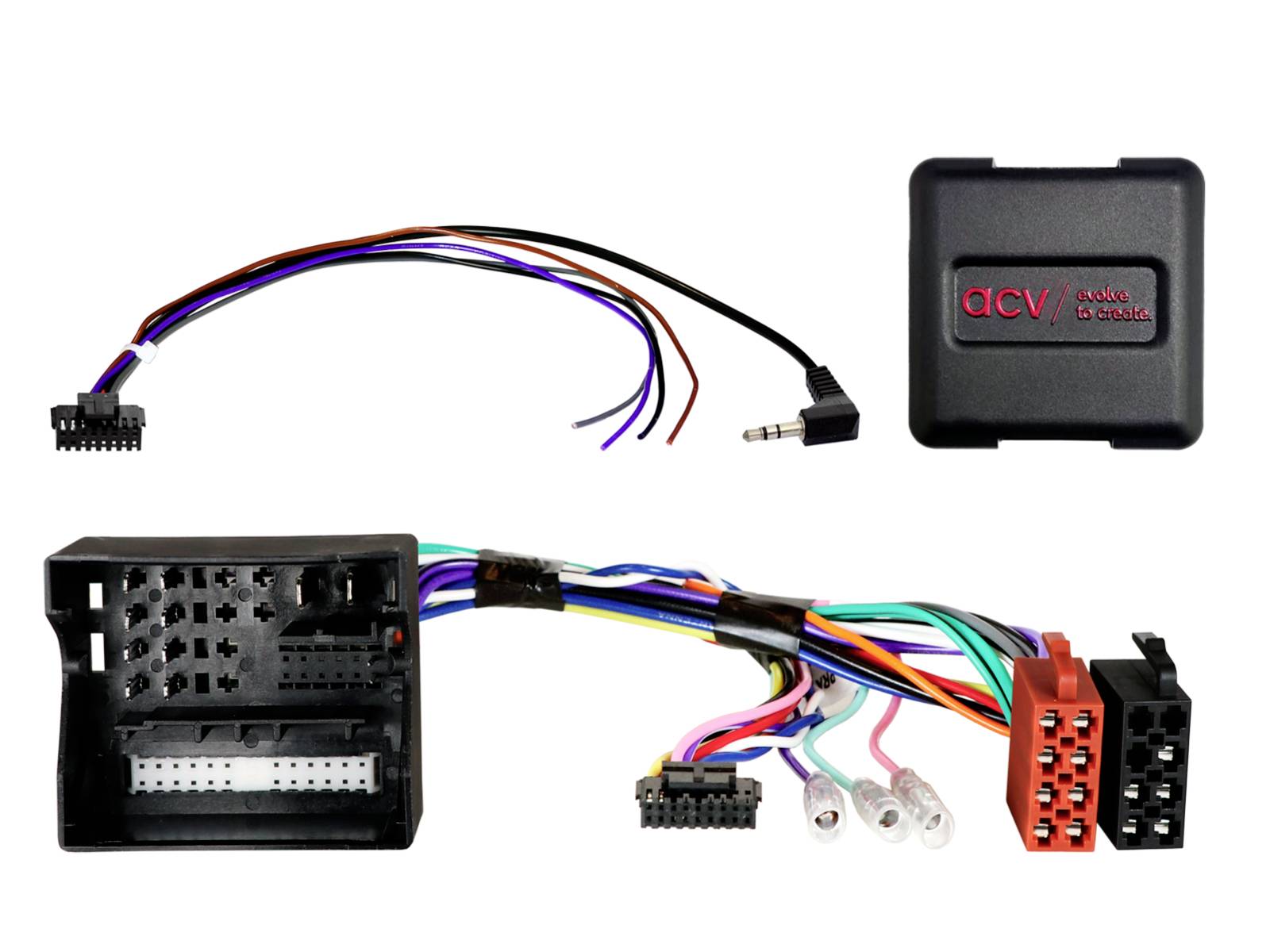 Autoradio-Verkabelungsadapter-Kit mit Steuerungsbox, Steckverbindern und farbigen Kabelbäumen zur Installation.