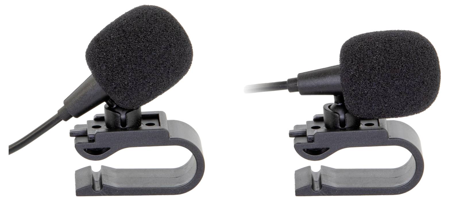 Zwei schwarze Ansteckmikrofone mit Clip-Befestigung, nebeneinander auf weißem Hintergrund gezeigt, jedes mit Schaumstoff-Windschutz und angeschlossenem Kabel.