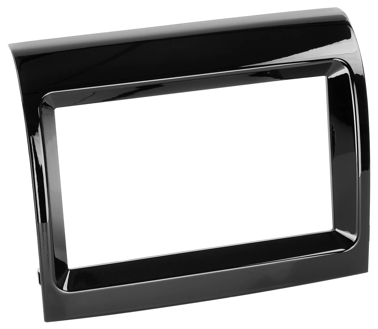 Schwarzer glänzender rechteckiger Kunststoffrahmen oder Zierleiste mit großer offener Mittelfläche, gezeigt auf weißem Hintergrund.