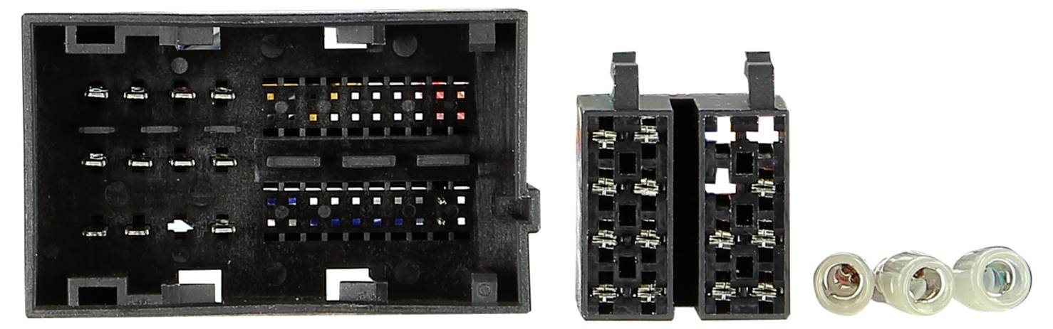 Fahrzeugleitungsanschluss-Steckersatz mit einem großen schwarzen mehrpoligen Stecker, zwei kleineren Anschlüssen und drei Metallterminalbefestigungen auf weißem Hintergrund.
