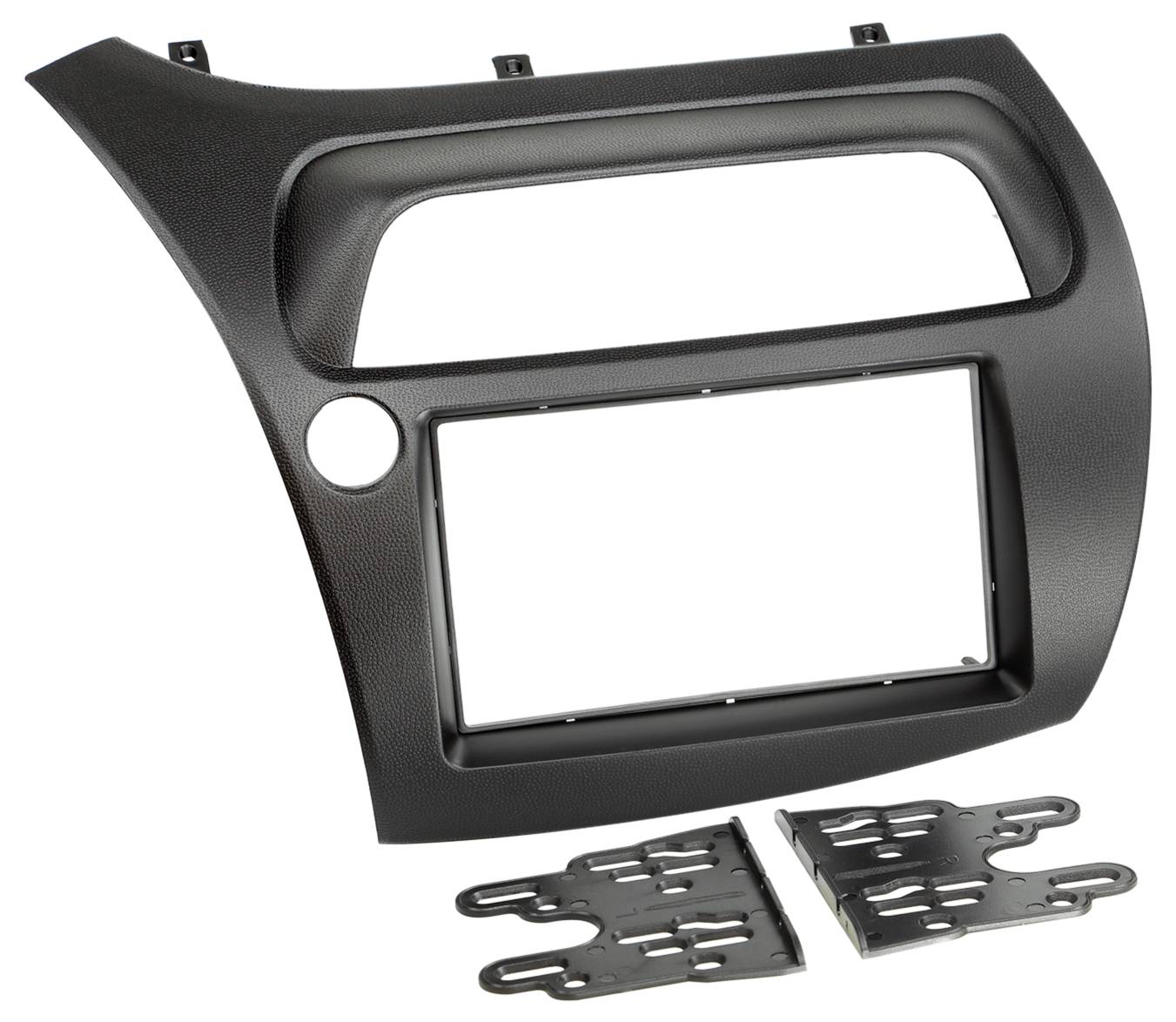 Schwarzes Armaturenbrett-Blendring-Set mit großer oberer Öffnung, rechteckigem Radioschacht und zwei Befestigungskonsolen, wie unten dargestellt.