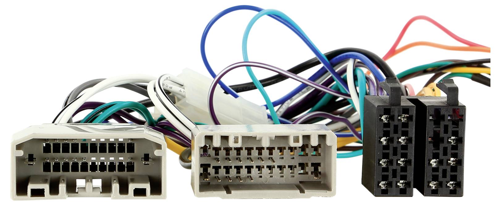 Ein Bündel mehrfarbiger Automobilkabel-Steckverbinder und Stecker, nebeneinander auf weißem Hintergrund dargestellt.