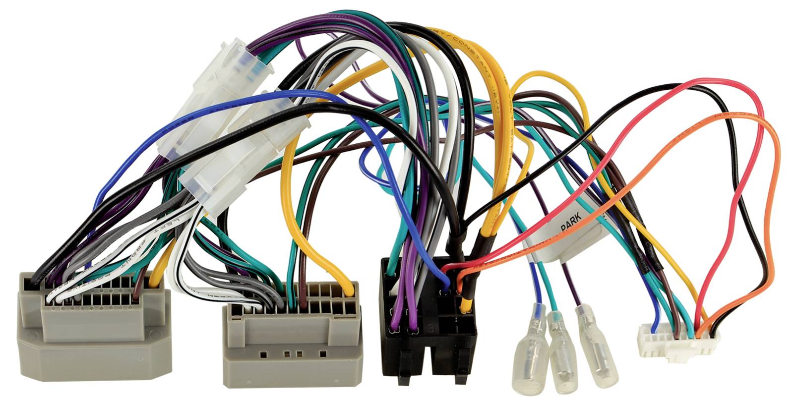 Bündel aus mehrfarbigen Elektrokabelbäumen und Steckverbindern auf weißem Hintergrund