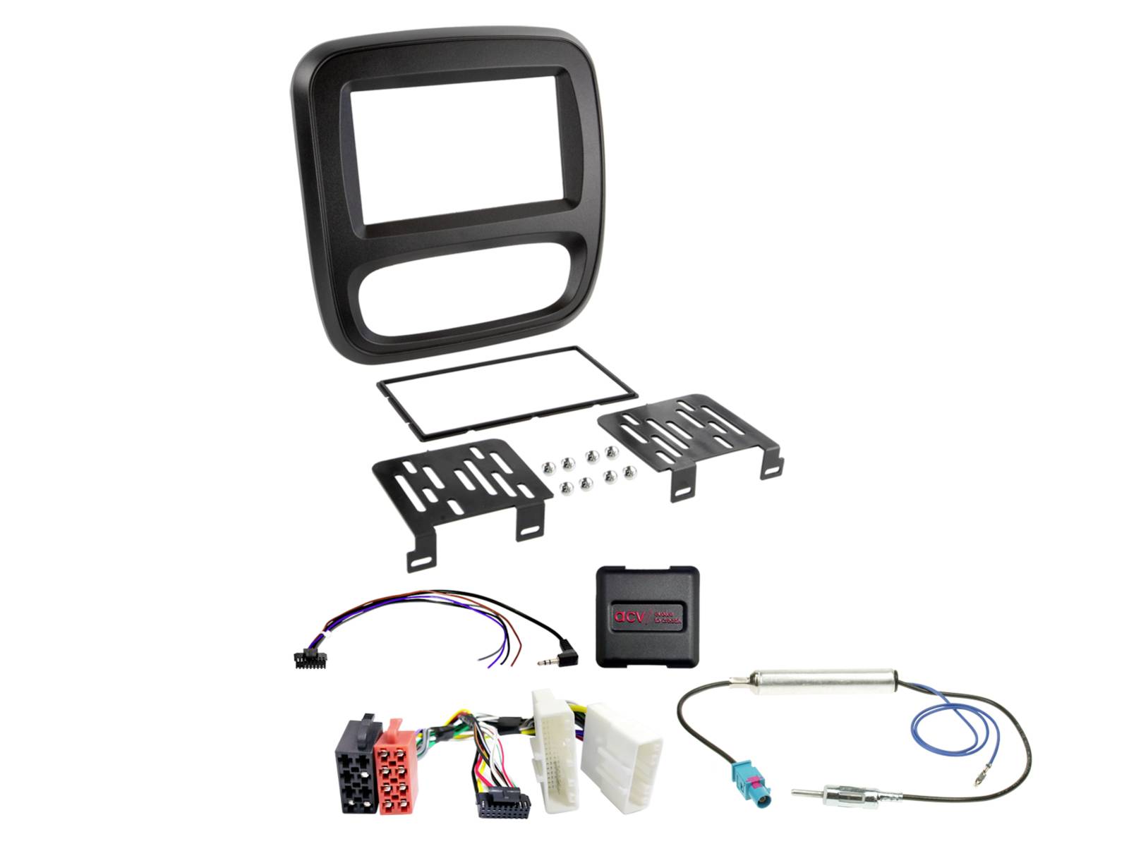 Explodierte Darstellung eines Autoradio-Blendenkits und eines Verdrahtungssatzes mit Befestigungswinkeln, Steckverbindern und Antennenverstärker zur Installation.