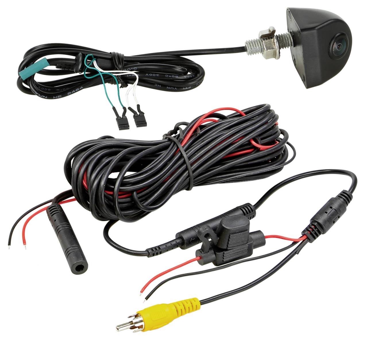 Autokamera-Rückfahrsystem mit einer Kamera, langem Kabelbaum, Stromstecker und RCA-Videokabel auf weißem Hintergrund.