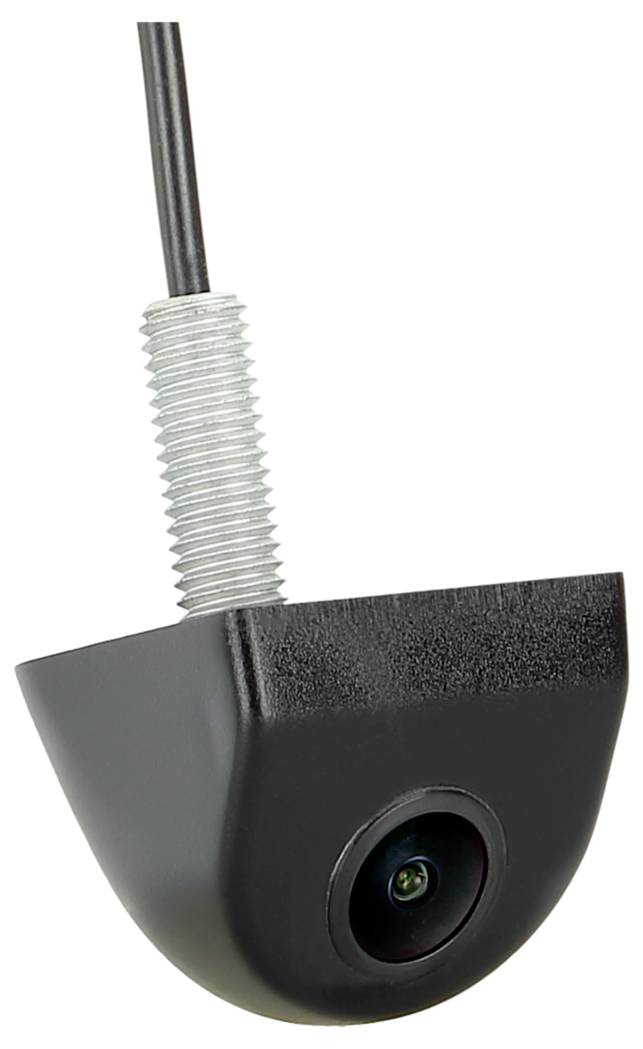 Nahaufnahme einer schwarzen Sicherheitskamera, die an einem Kabel montiert ist, mit sichtbarem Objektiv und silberner Gewindeanschluss.