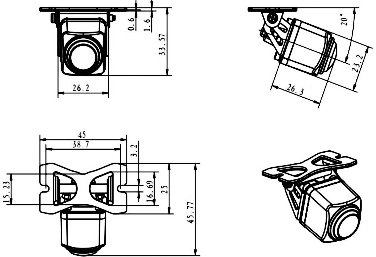 Technische Zeichnung eines kleinen montierbaren Geräts oder Sensors, dargestellt in Front-, Seiten-, Draufsicht und perspektivischen Ansichten mit Bemaßungslinien und Maßstäben.