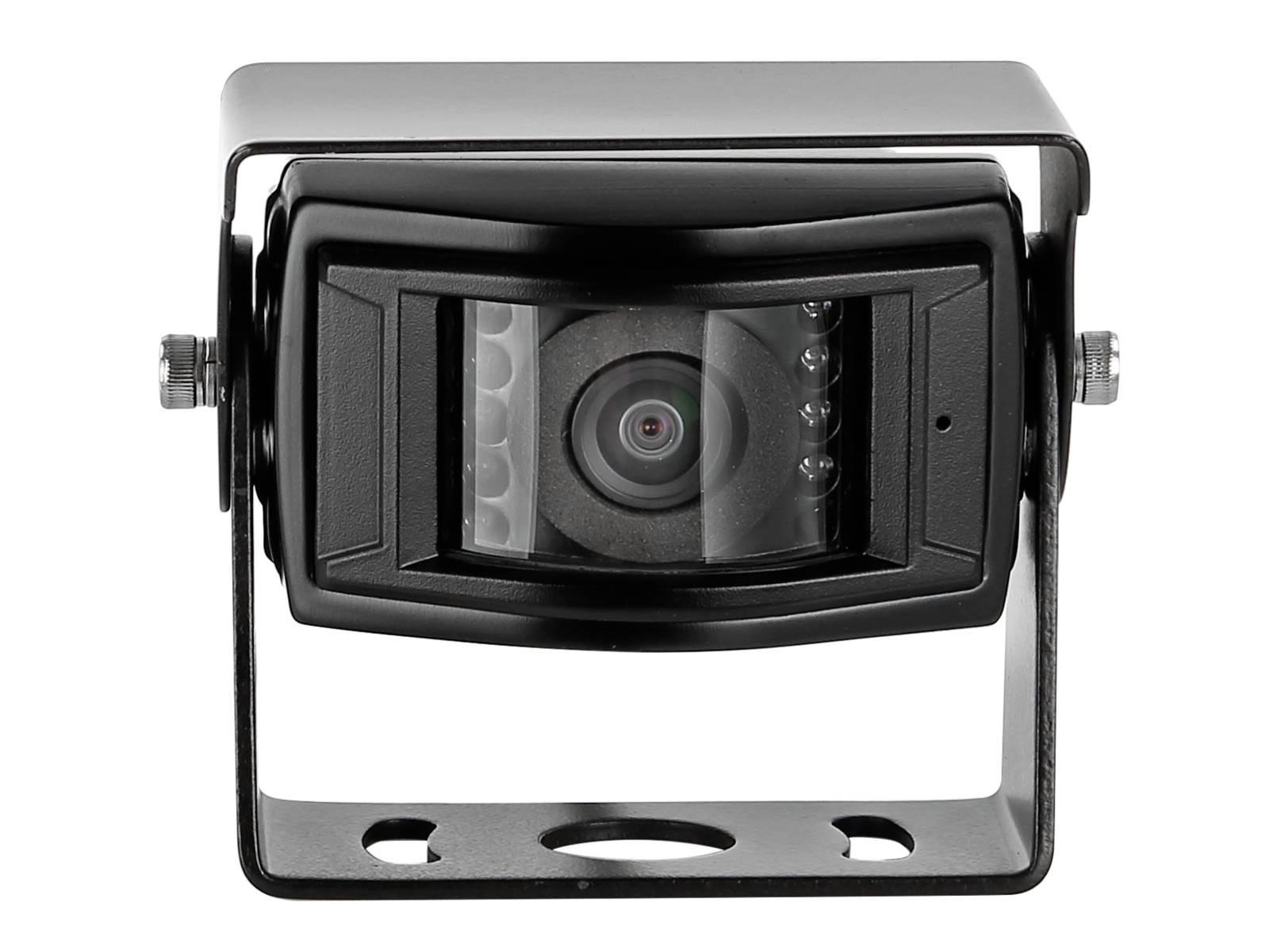 Vorderansicht einer schwarzsilbernen Sicherheitskamera mit zentrierter Linse und Montageklammer auf weißem Hintergrund.