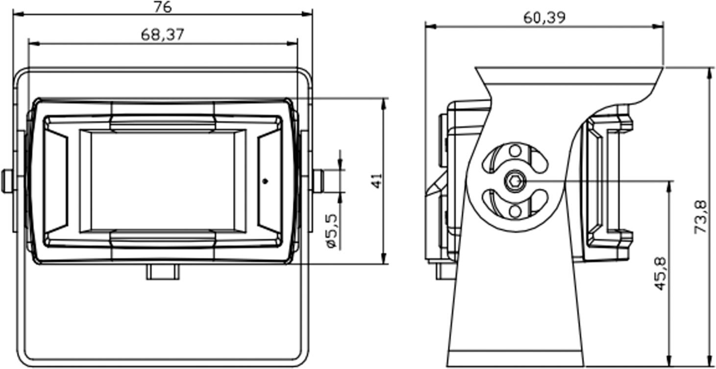 Maßgerechne technische Zeichnung eines rechteckigen Geräts in Front- und Seitenansicht, mit Maßangaben in Millimetern.