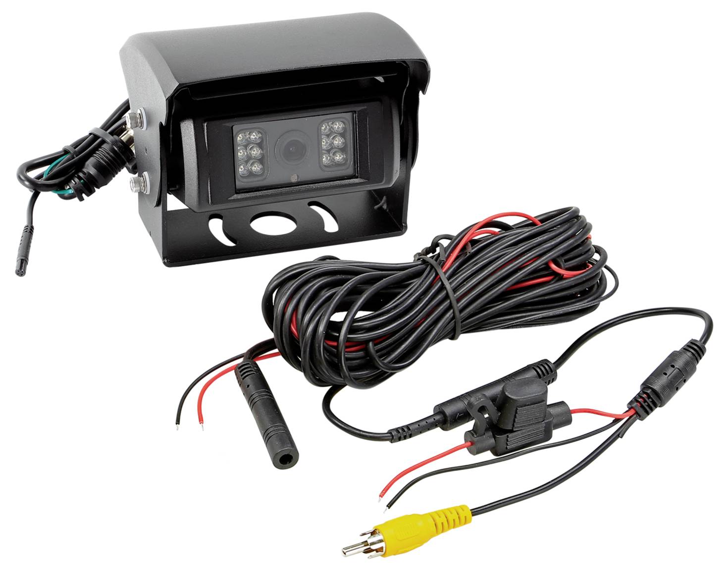 Kabelgebundene schwarze Sicherheitskamera mit Montageklammer, angebrachten Kabeln und gelbem Videostecker auf weißem Hintergrund.