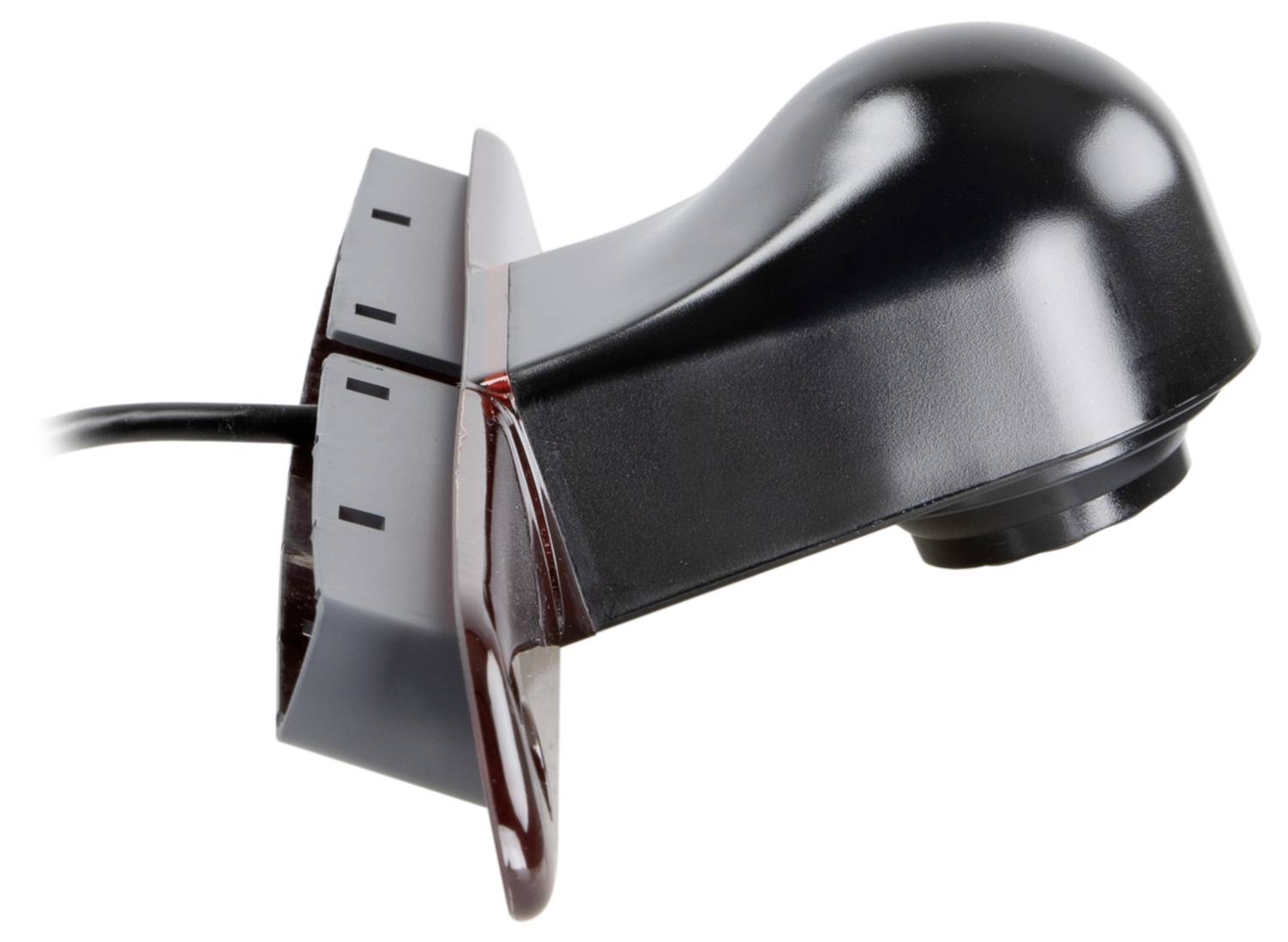 Nahaufnahme eines schwarzen tragbaren elektrischen Küchengeräts mit Kabel, in Seitenansicht vor weißem Hintergrund dargestellt.