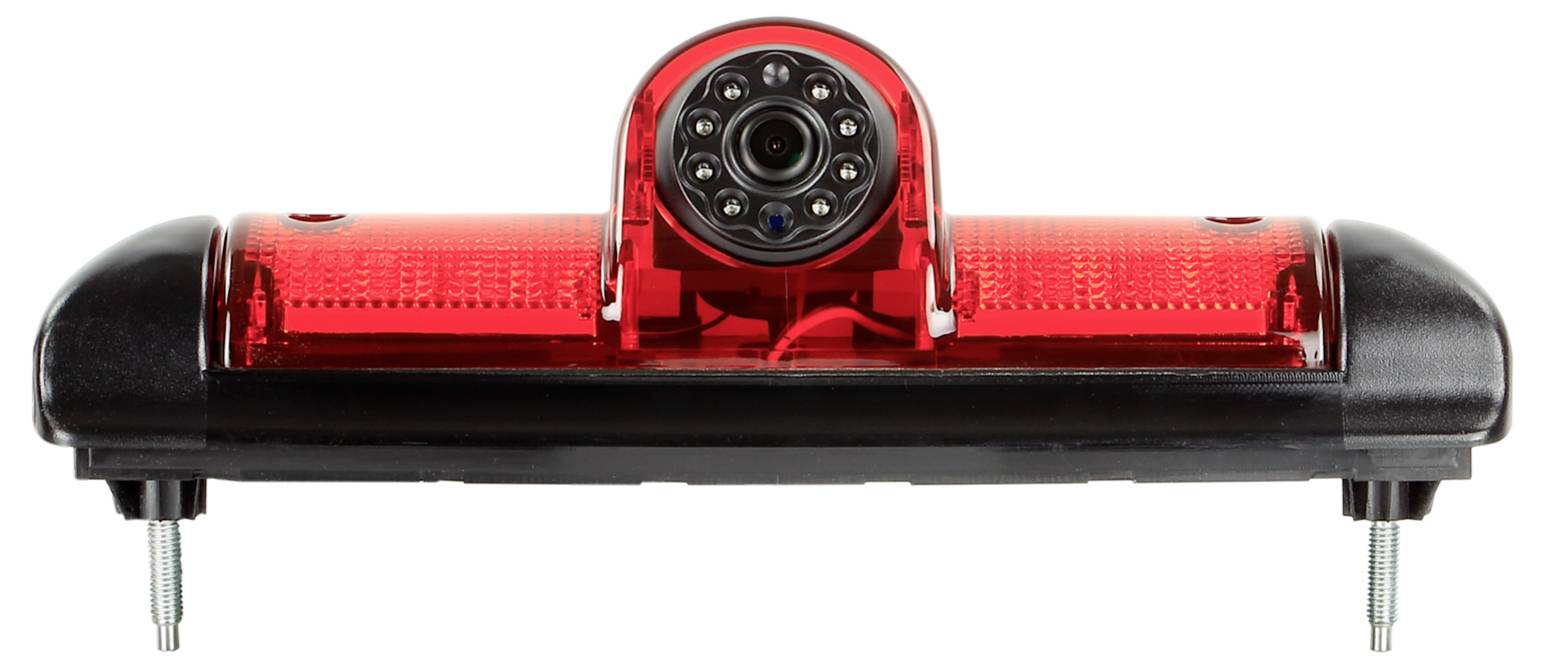 Rote Rückfahrkamera mit integriertem Bremsleuchtengehäuse, von vorne gezeigt mit schwarzen Endkappen und Befestigungsschrauben.