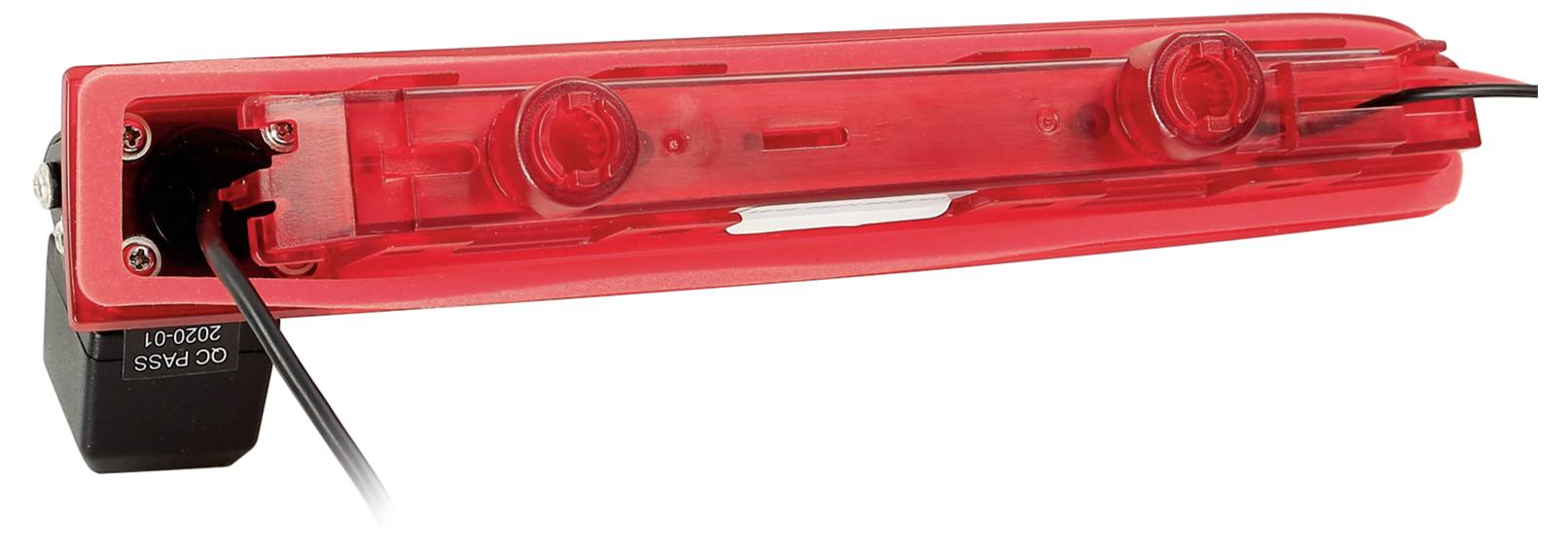 Rote LED-Fahrzeugwarnleuchte mit zwei runden Leuchten in einem durchsichtigen roten Gehäuse und einem schwarzen Stromkabel, das auf der linken Seite angebracht ist.