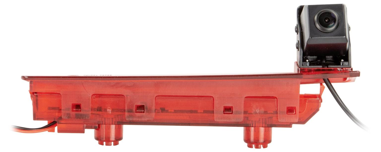 Rotes durchsichtiges elektronisches Modul mit einer montierten Kamera auf der rechten Seite und angeschlossenen Kabeln, gezeigt auf weißem Hintergrund.