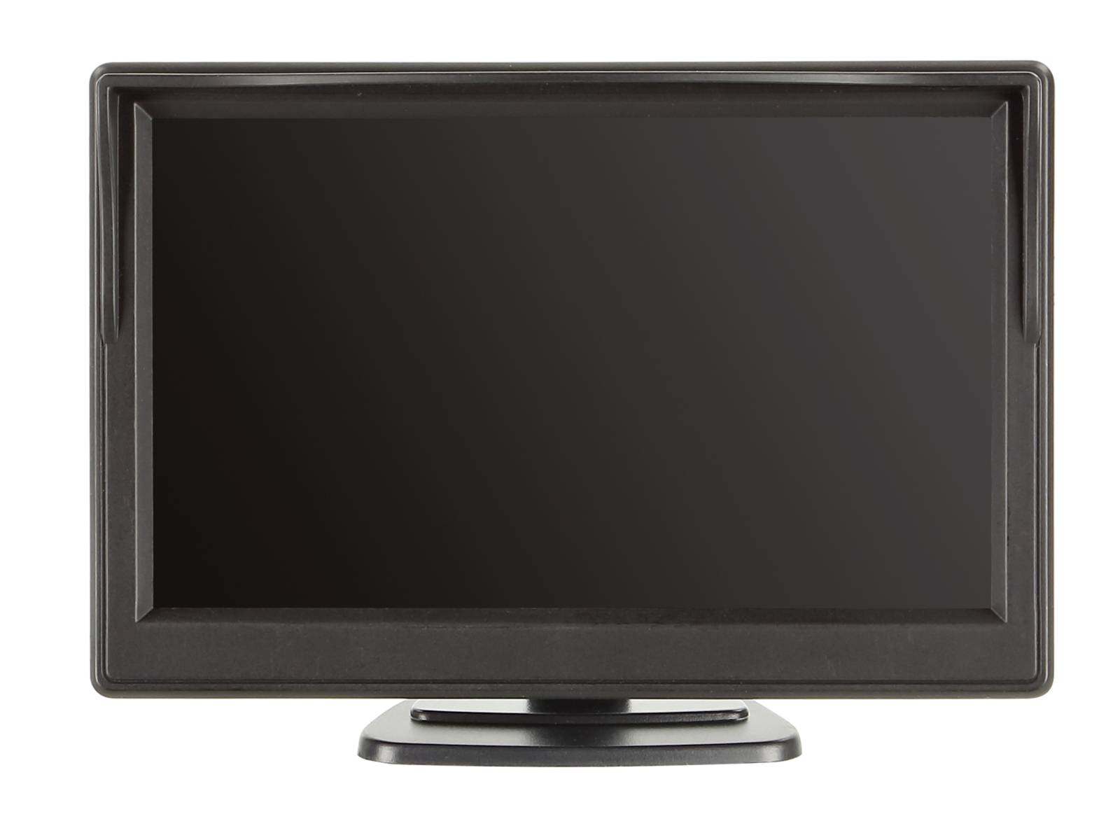 Flachbildfernseher mit schwarzem Rahmen auf einem Standfuß, vor einem schlichten weißen Hintergrund gezeigt.