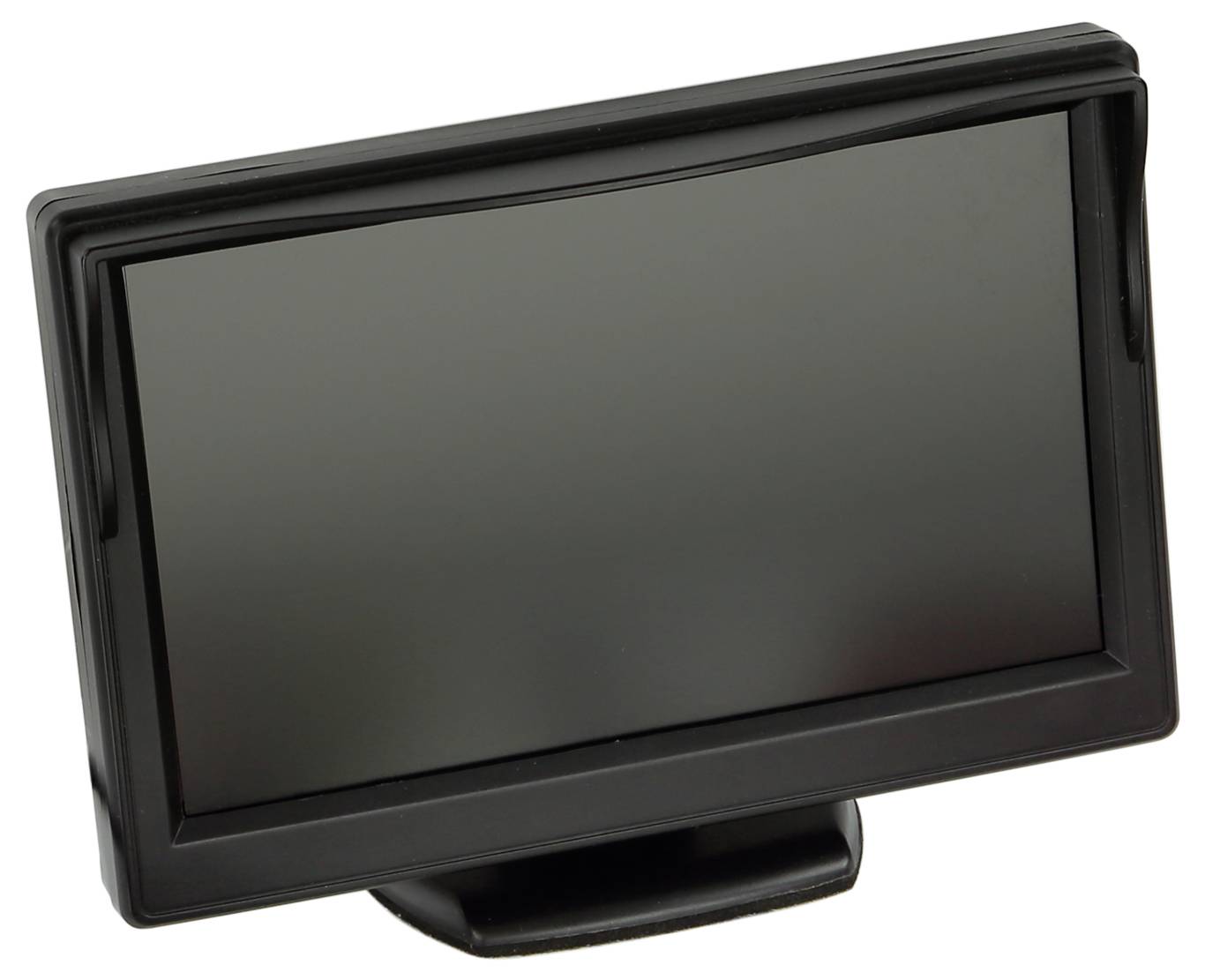 Schwarzes rechteckiges Touchscreen-Display oder Monitor auf einem Ständer, ausgeschaltet vor weißem Hintergrund gezeigt.