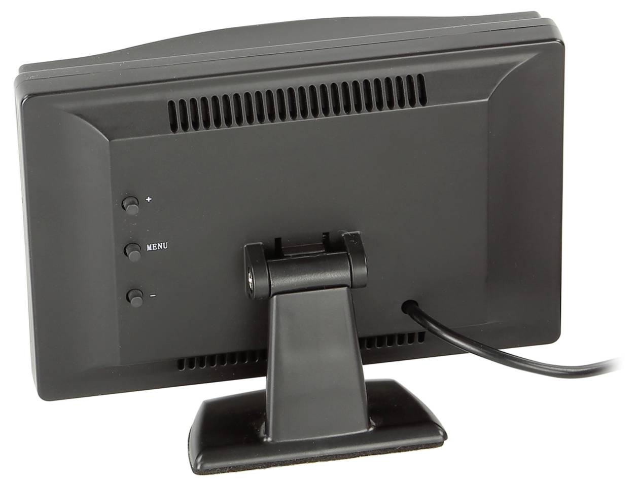Rückansicht eines kleinen schwarzen LCD-Monitors auf einem Ständer, mit Steuertasten auf der linken Seite und angeschlossenem Stromkabel.