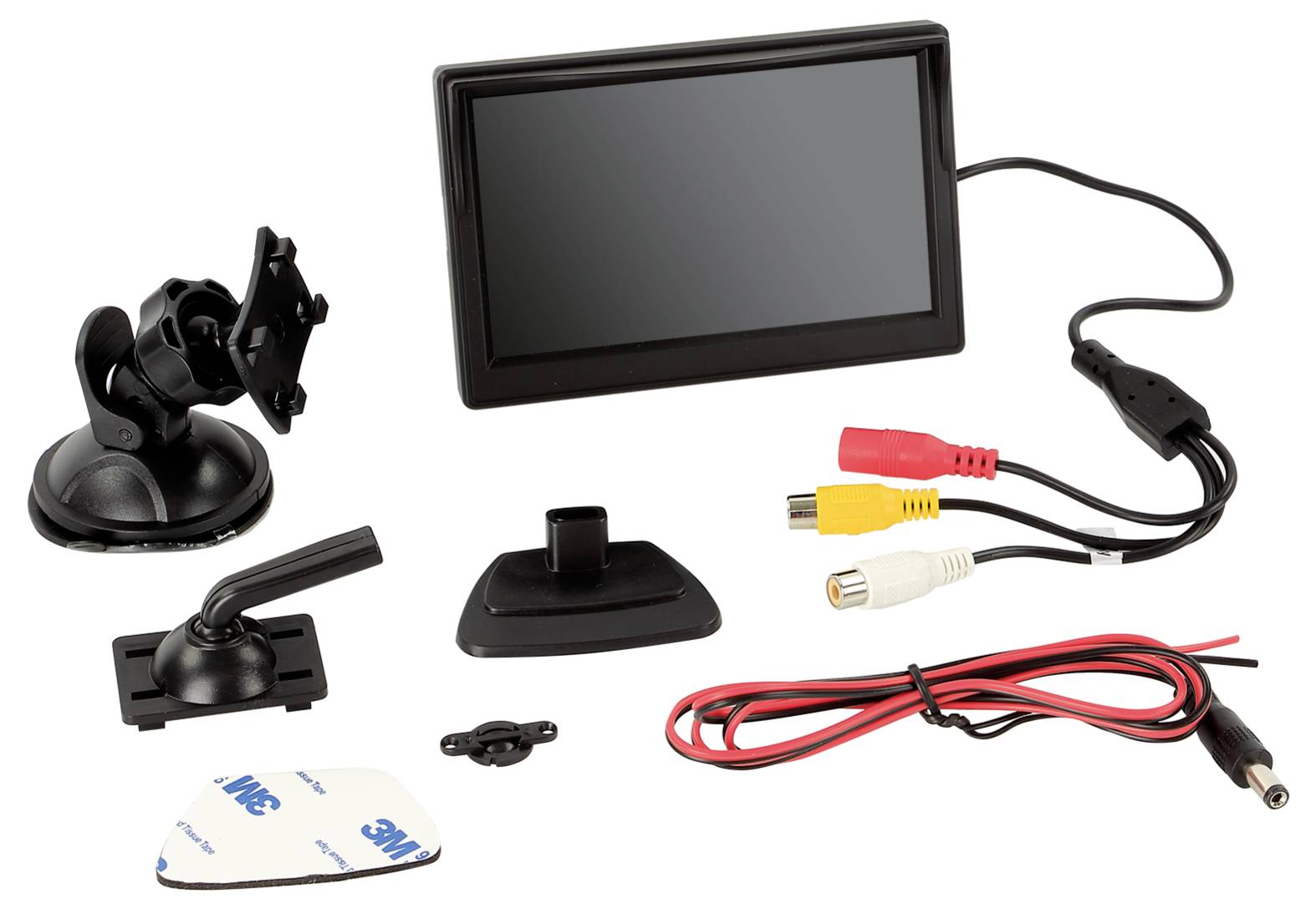 Dashcam-Set mit Bildschirm, Saug- und Klebeanschlüssen, Kabeln und AV-Steckverbindern auf weißem Hintergrund.