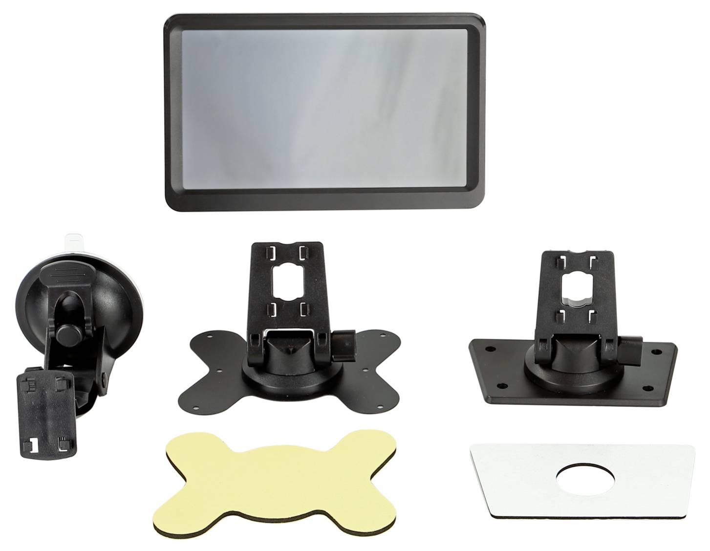 Ein Saugnapf-Befestigungsset mit einer rechteckigen Gerätehalterung, drei schwarzen Montagetellern, einem gelben Klebepad und einer weißen Platte.