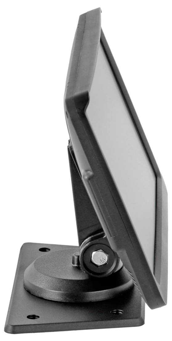 Schwarzer verstellbarer rechteckiger Monitor auf einem schwenkbaren Ständer vor weißem Hintergrund.