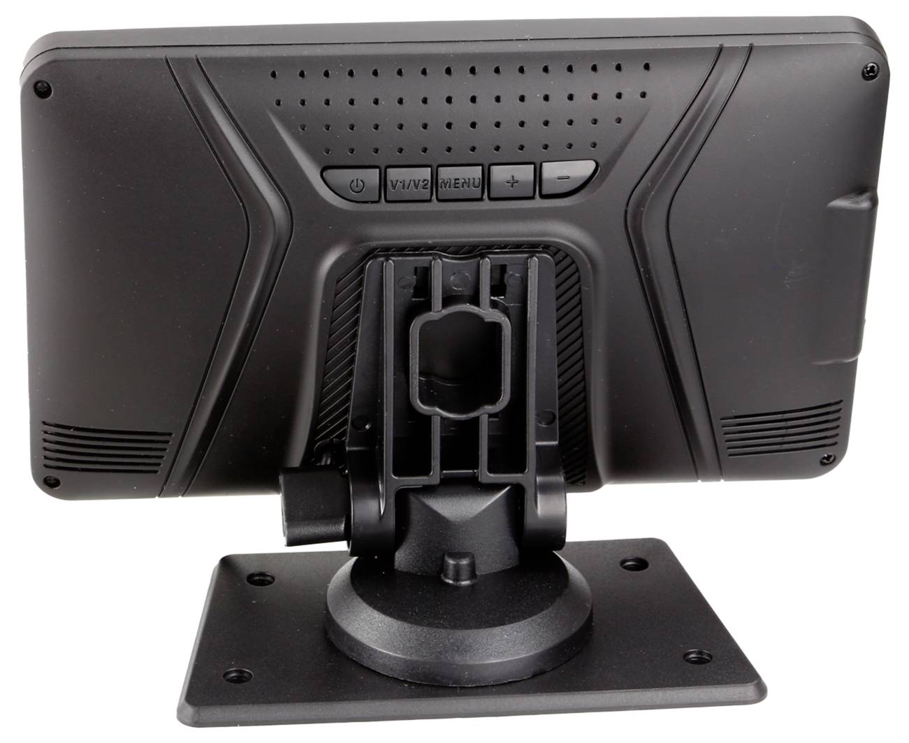 Rückansicht eines montierten LCD-Monitors auf einem Schwenkständer mit Steuertasten und Belüftungsschlitzen.