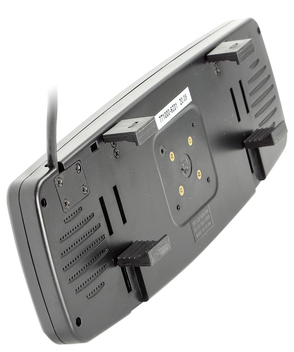 Unterseite eines schwarzen elektronischen Geräts mit Befestigungskonsolen, Belüftungsschlitzen und angeschlossenem Stromkabel.