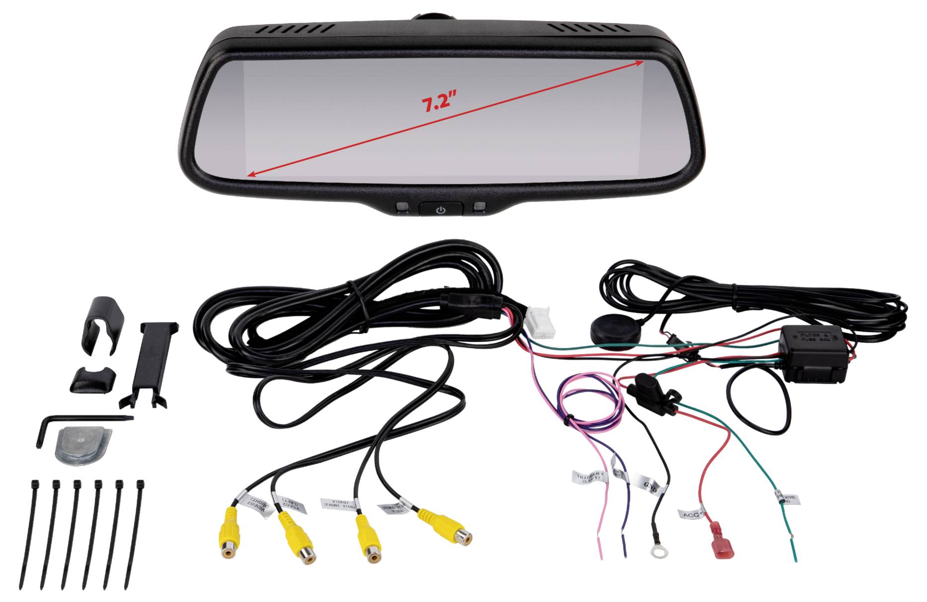 Rückspiegel-Dashcam-Set mit 7,2-Zoll-Bildschirm, Verkabelungssätze, Montage-Clips, Schrauben und Kamera-Stecker enthalten