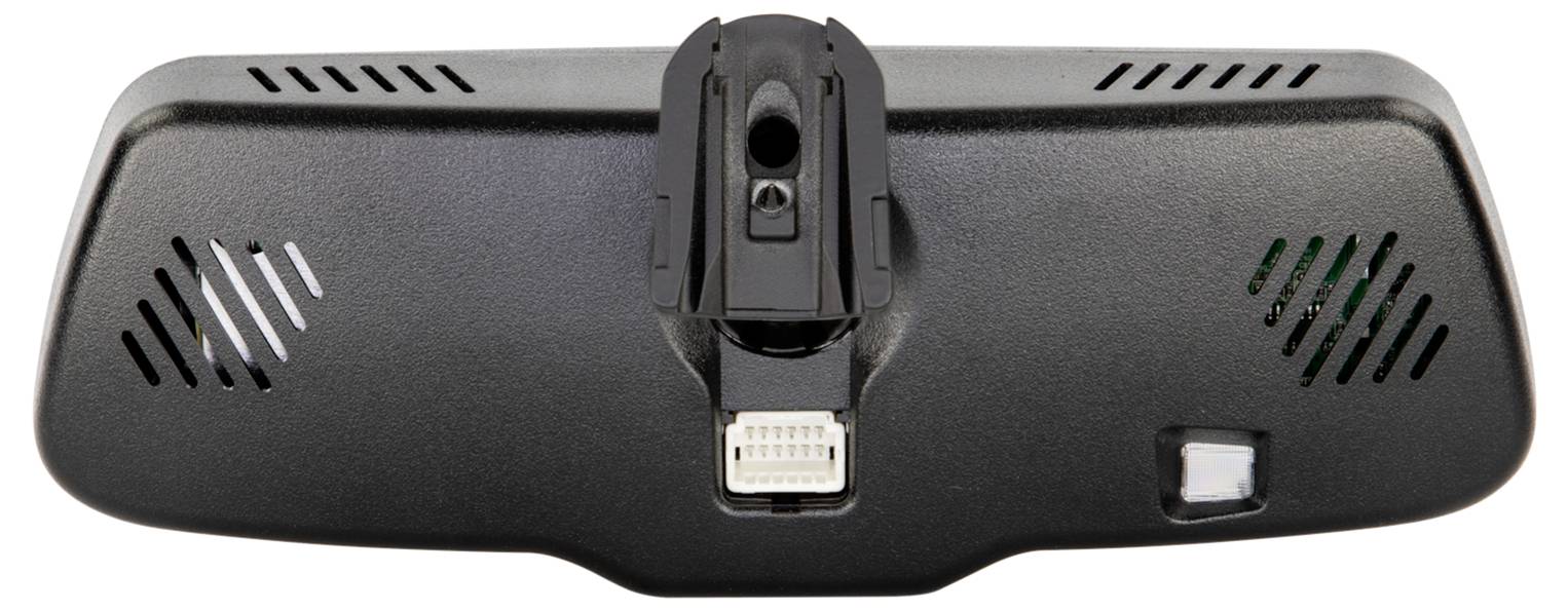 Schwarzer Rückspiegel-Dashcam mit Doppellinsengehäuse und belüfteten Seiten, gezeigt vor weißem Hintergrund.