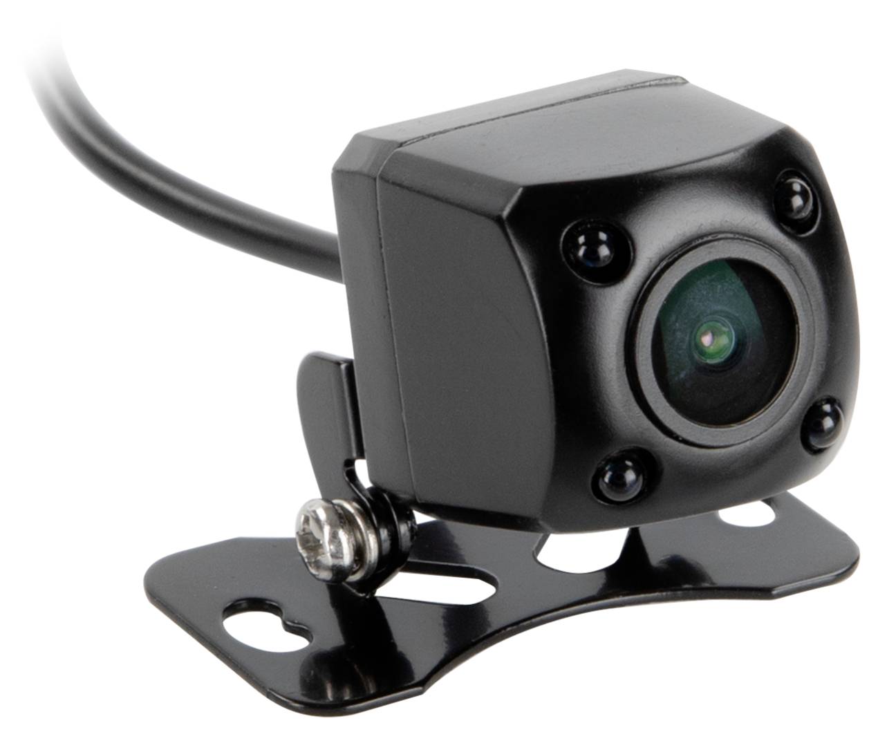 Kleine schwarze kabelgebundene Überwachungskamera auf einer Metallhalterung, in Nahaufnahme vor weißem Hintergrund dargestellt.