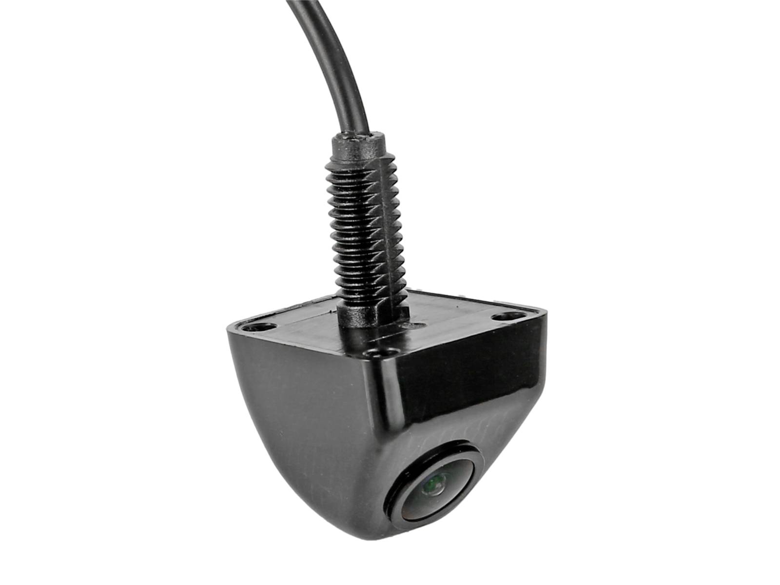 Schwarz verdrahtete Rückfahrkamera mit Montageklammer, vor weißem Hintergrund dargestellt.