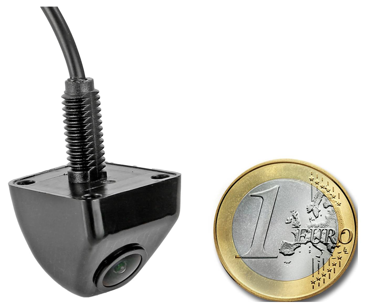 Kleine schwarze kabelgebundene Überwachungskamera neben einer 1-Euro-Münze zur Größenvergleich dargestellt.