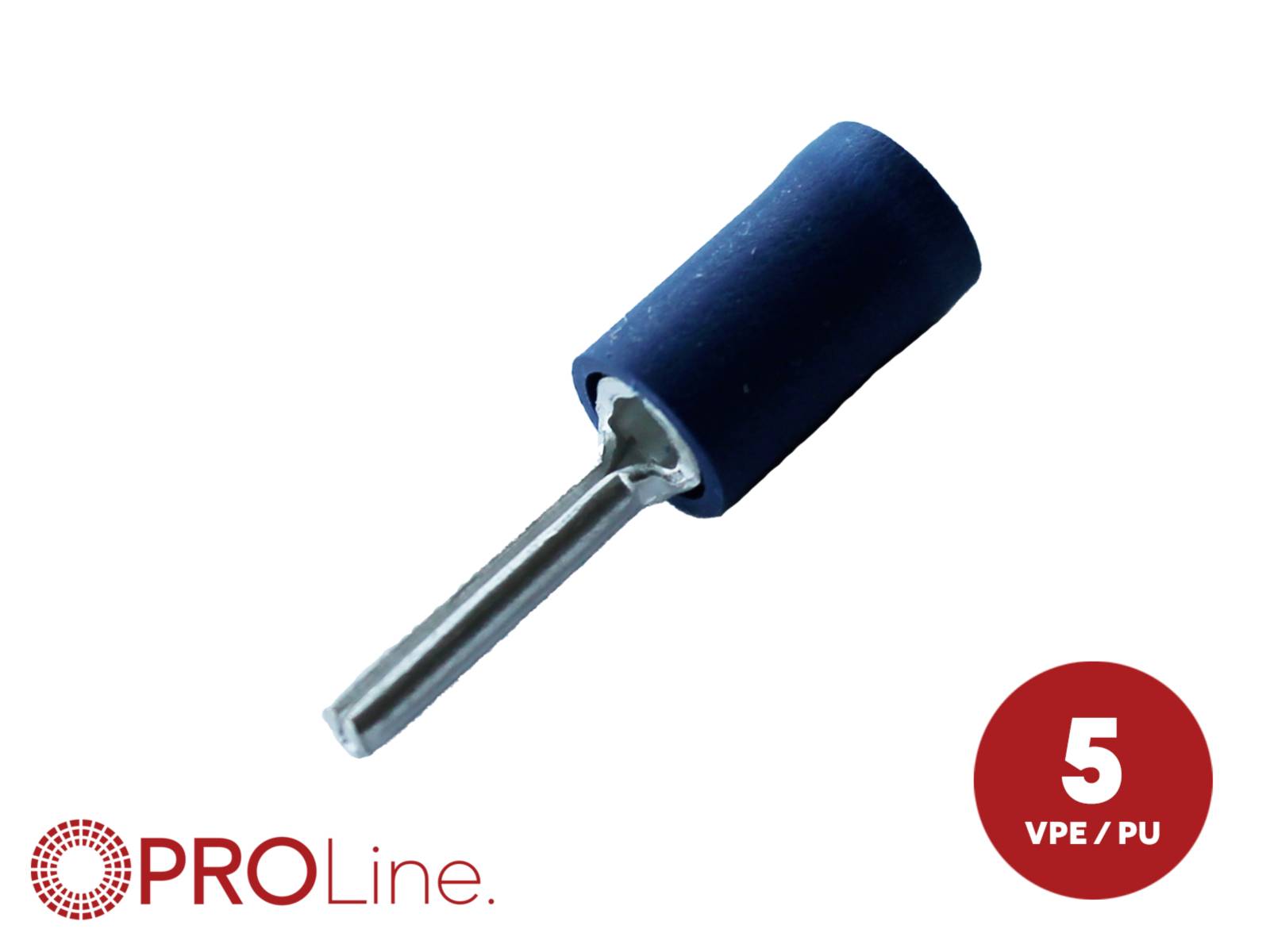 Blaue isolierte elektrische Aderendhülse mit Metallstift, gekennzeichnet mit '5' und 'VPE / PU', abgebildet mit PROLine-Branding.