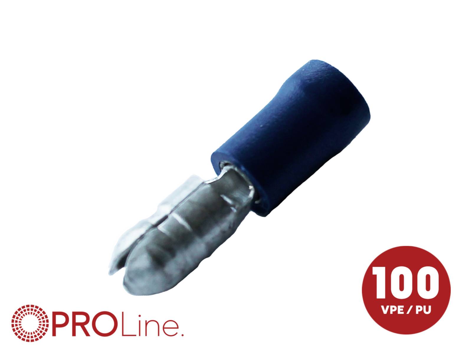 Blau isoliertes elektrisches Crimpkontakt auf weißem Hintergrund, gekennzeichnet mit PROLine und '100 VPE/PU' zur Angabe einer Packung mit 100 Stück.