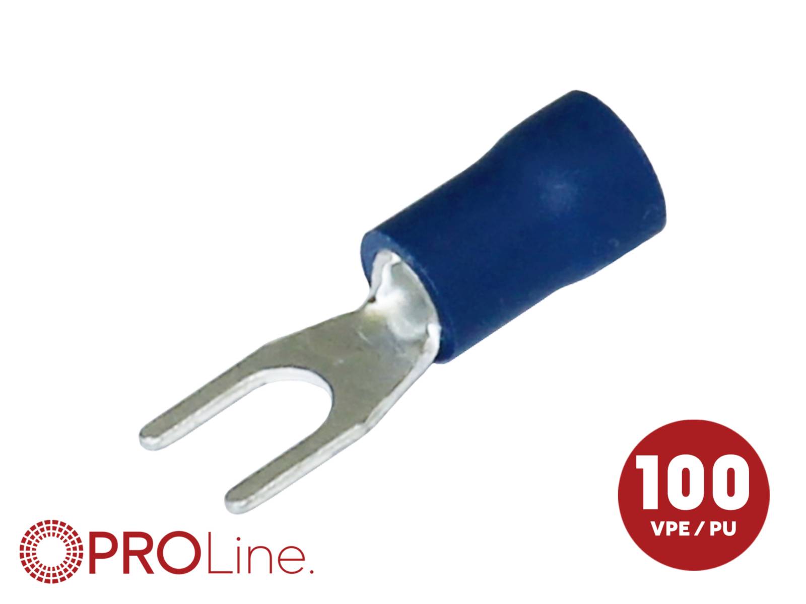 Blauer isolierter Gabelklemmanschluss mit rotem PROLine-Logo und Mengenkennzeichnung „100 VPE/PU