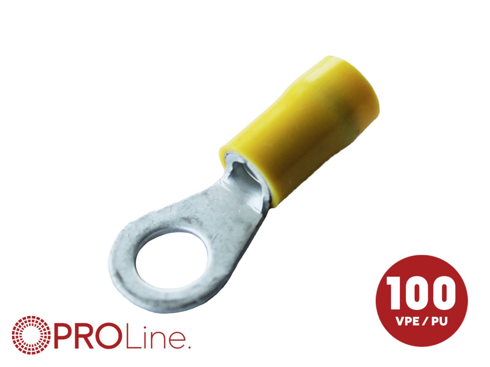 Yellow insulated ring terminal connector with PROLine branding and a red '100 VPE / PU' badge on a white background.